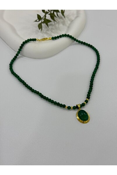 DURAN TAKI TASARIM Doğal Yeşil Akik Gümüş Kolye