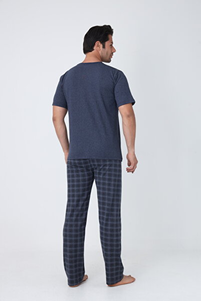 FAMESTEKSTİL Men's Plaid Summer 100% Cotton Short Sleeve Comfortable Pajama Set