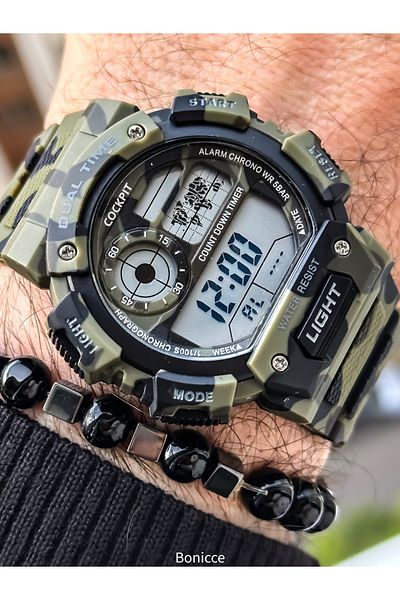 Cockpit Green Color Silicone Cord, Illuminated, Digital Sports Men's Wristwatch Bracelet Suitable for Pool Sea Use