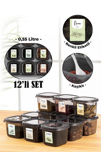 Vienev 12 Pieces 0.55 Liter Peggy Square Spice Rack Storage Container with Colorful Label and Spoon Anthracite