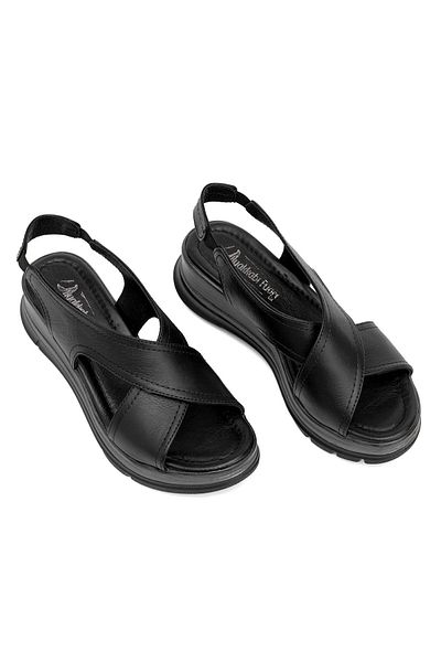Ayakkabı Fuarı Elit Koc25-62 Women's Genuine Leather Wedge Heel Sandals Black