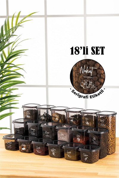 Vienev 18-Piece Peggy Square Storage Container with White Screen Printing Label 6x (0.55 LITER, 1.2 LITER, 1.75 LITER) Anthracite