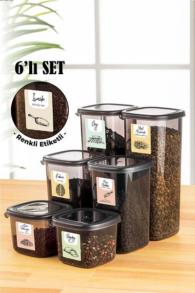 Vienev 6-Piece Peggy Square Food Storage Container with Colorful Labels 2x (0.55 Liters, 1.2 Liters, 1.75 Liters) Anthracite