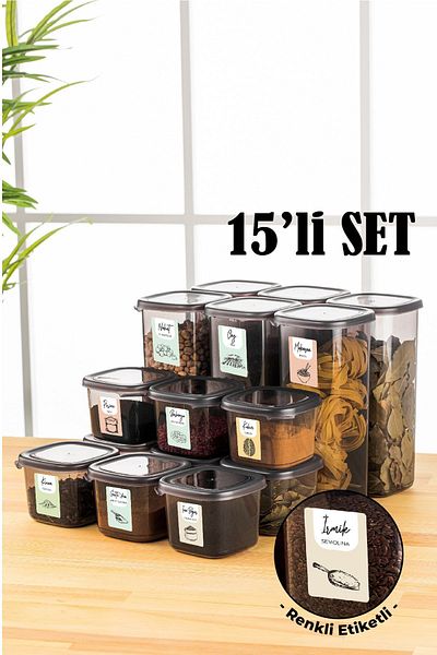 Vienev 15-Piece Peggy Square Food Storage Container with Colorful Labels 9x (0,55 Liters) - 6x (1.75 Liters) Anthracite