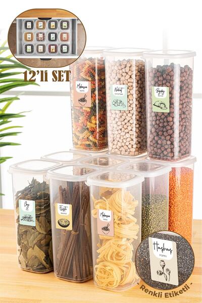 Vienev 12 recipiente de depozitare pentru alimente pătrate Peggy de 1,75 litri cu etichete colorate alb