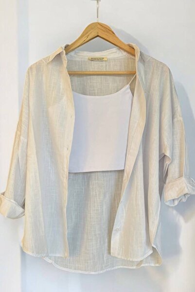 fatma keskin linna butik Kadın Ekru Keten Gömlek Yeni Sezon Yazlık Gömlek