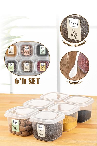 Vienev 6-Piece 0.55 Liter Peggy Square Spice Storage Container with Colorful Label and Spoon White