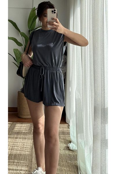 Daves Modal Shorts Jumpsuit with Back Detail and Elastic Waist - Anthracite
