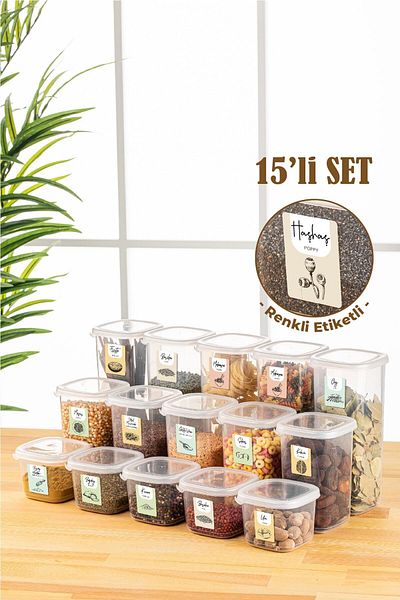 Vienev 15-Piece Peggy Square Food Storage Container with Colorful Label 5x (0.55 Liters, 1.2 Liters, 1.75 Liters) White