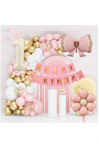 BİDOLUMUTLULUK Lüks Doğum Günü Seti Pembe Fiyonklu Retro Konsept Balon Kutlam...