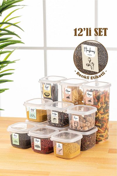 Vienev Set of 12 Peggy Square Food Storage Container with Colorful Labels 9x (0,55 Liters) - 3x (1.75 Liters) White