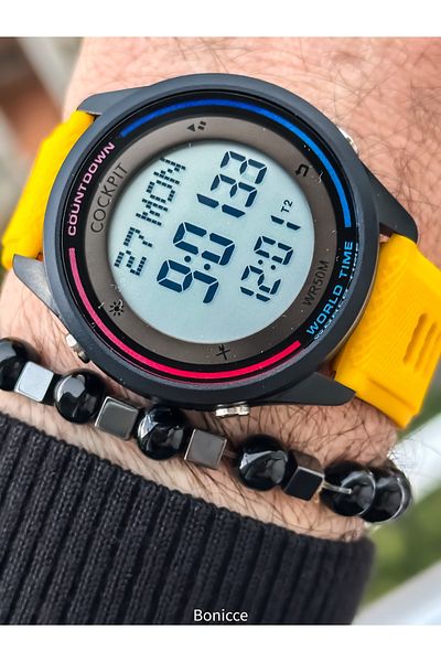 Cockpit Yellow Color Silicone Cord, Illuminated, Digital Sports Men's Wristwatch Bracelet Suitable for Pool and Sea Use