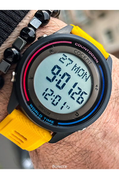 Cockpit Yellow Color Silicone Cord, Illuminated, Digital Sports Men's Wristwatch Bracelet Suitable for Pool and Sea Use