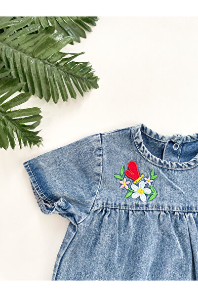 Minicixbebe Nakışlı kız bebek yazlık ince kot elbise