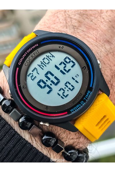 Cockpit Yellow Color Silicone Cord, Illuminated, Digital Sports Men's Wristwatch Bracelet Suitable for Pool and Sea Use