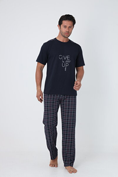 FAMESTEKSTİL Men's Plaid Summer 100% Cotton Short Sleeve Comfortable Pajama Set