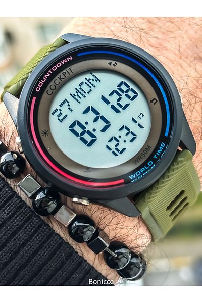 Cockpit Green Color Silicone Cord, Illuminated, Digital Sports Men's Wristwatch Bracelet Suitable for Pool Sea Use