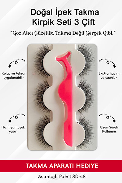 eyelash Doğal Ipek Takma Kirpik 3 Çift 3d 48 Kirpik Takma Aparatı