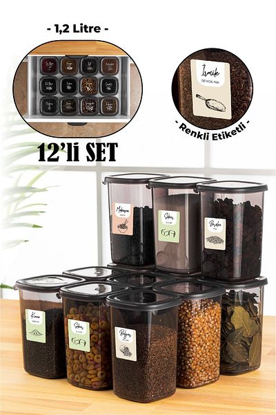 Vienev 12 Pieces 1.2 Liter Peggy Square Food Storage Container with Colorful Labels Anthracite