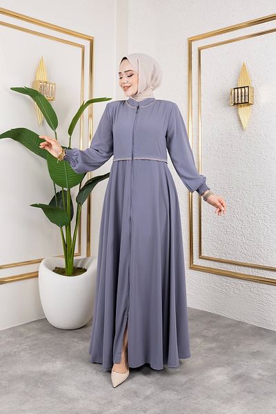 Nevayla Moda Collar and Waist Embroidery Detailed Ferace - Gray / F0143