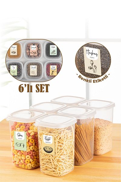 Vienev 6-Piece 1.2 Liter Peggy Square Food Storage Container with Colorful Labels White