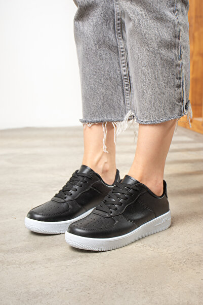 İmerShoes Günlük Siyah Beyaz Kadın Sneaker Bağcıklı Hafif Kalın Tabanlı Yürüyüş Nefes Alan Spor Ayakkabı 1004