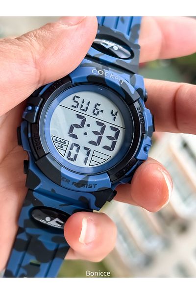 Cockpit Dark Blue Silicone Cord, Illuminated, Digital Boy's Wristwatch Bracelet Suitable for Pool and Sea Use