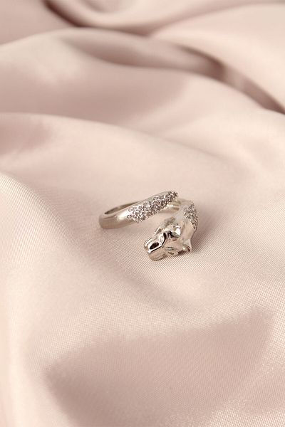Giydirmece Silver Color Metal Zircon Stone Tiger Model Adjustable Women's Ring