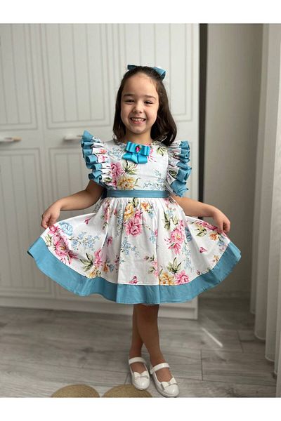 Sare Çocuk Giyim Rochie de prințesă pentru ocazii speciale, cu volane, cu flori albastre + cataramă
