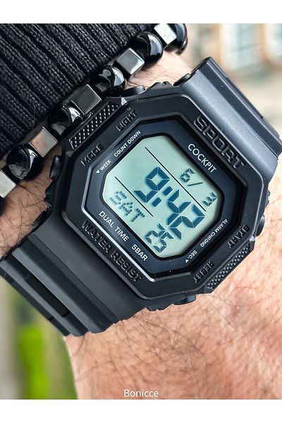 Cockpit Black Color Silicone Cord, Illuminated, Digital Sports Men's Wristwatch Bracelet Suitable for Pool and Sea Use