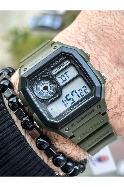 Cockpit Green Color Silicone Cord, Illuminated, Digital Sports Men's Wristwatch Bracelet Suitable for Pool Sea Use