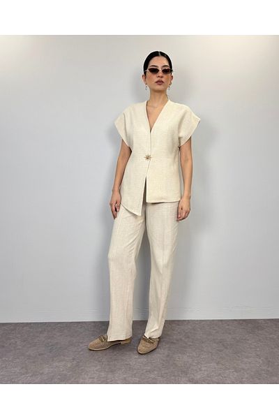 DEQ FASHION Beige Off-Shoulder Button Detailed Vest Palazzo Pants Set of Two