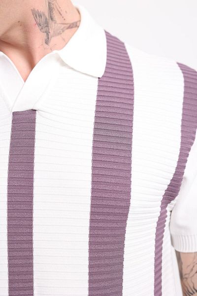 İLKCET MODA Ανδρικό πλεκτό μπλουζάκι με ριγέ V λαιμόκοψη