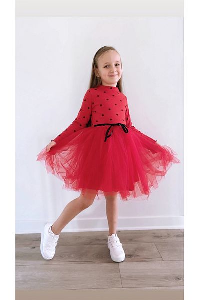 Şirin Şeyler Butiği Rochie de Anul Nou din tul roșu din lycra elastică cu buline Linda pentru fetiță - mânecă lungă
