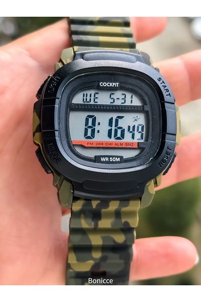 Cockpit Suitable for Pool Sea Use Military Green Silicone Cord, Illuminated, Digital Sports Men's Wristwatch Bracelet