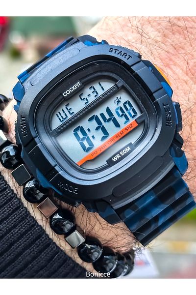 Cockpit Suitable for Pool Sea Use Military Blue Silicone Cord, Illuminated, Digital Sports Men's Wristwatch Bracelet