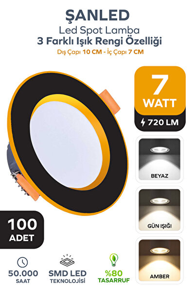 ŞANLED 7W 3Renkli(Beyaz, Gün Işığı, İkisi bir arada)  Siyah Gold Led Spot Lam...