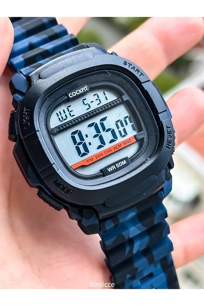 Cockpit Suitable for Pool Sea Use Military Blue Silicone Cord, Illuminated, Digital Sports Men's Wristwatch Bracelet