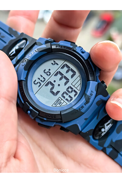 Cockpit Dark Blue Silicone Cord, Illuminated, Digital Boy's Wristwatch Bracelet Suitable for Pool and Sea Use