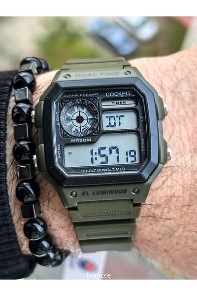 Cockpit Green Color Silicone Cord, Illuminated, Digital Sports Men's Wristwatch Bracelet Suitable for Pool Sea Use