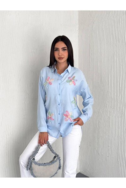 Yeys Keten Airobin Kumaş Çiçek Detaylı Gömlek