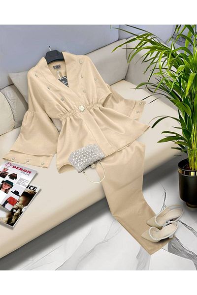 Zümrüt Stone Detailed Elastic Waist Shirt and Trousers Evening Dress Set - 1705