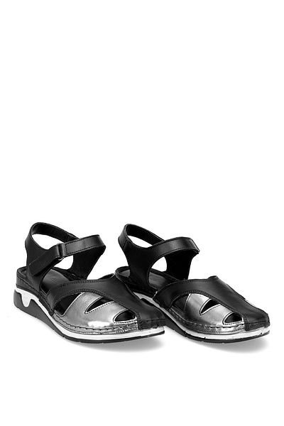 Ayakkabı Fuarı Women's Orthopedic Flat Sandals - Elit Rhmm-01 Black Field Leather