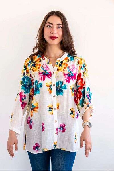 citycenterfashion Women's Plus Size 100% Organic Cotton Shirt Cty-Akc-Guzd Patterned Fold Sleeve Shirt
