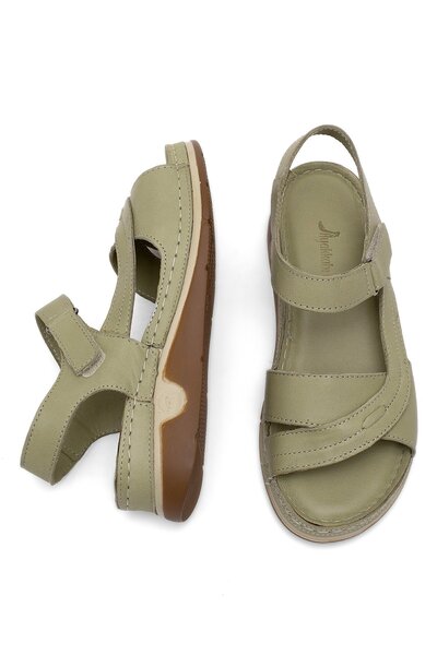 Ayakkabı Fuarı Women's Orthopedic Genuine Leather Sandals - Elit Rhmm-14 Green