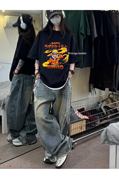 Minga London تي شيرت أسود للجنسين بطبعة أمامية من الرسوم المتحركة اليابانية N...