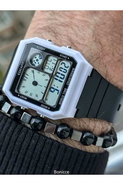 Cockpit Green Color Silicone Cord, Illuminated, Digital Sports Men's Wristwatch Bracelet Suitable for Pool Sea Use