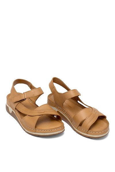 Ayakkabı Fuarı Women's Orthopedic Flat Sandals Tan - Elit Rhmm-14 Leather