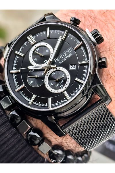 Ferrucci Wiremesh Steel Cord Men's Wrist Watch+ Bracelet to Give Your Black Clothes a Touch of Elegance