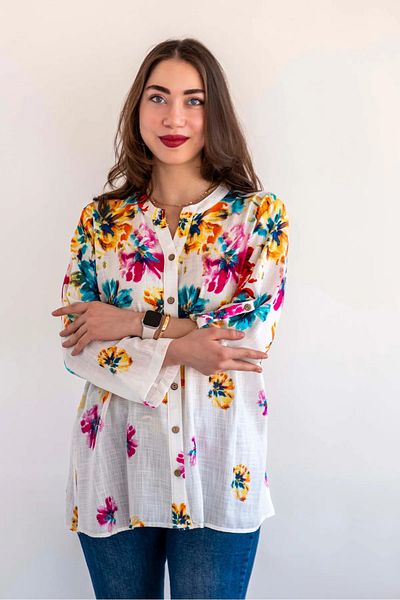 citycenterfashion Women's Plus Size 100% Organic Cotton Shirt Cty-Akc-Guzd Patterned Fold Sleeve Shirt